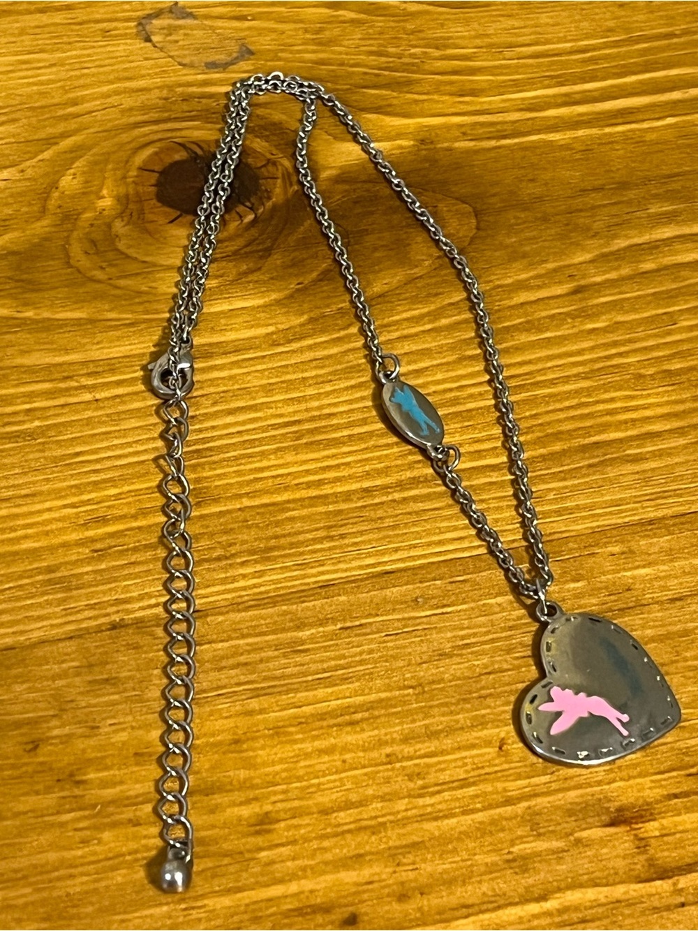 Disney Tinker bell pendant in pink blue on a silver tone chain necklace 16”
